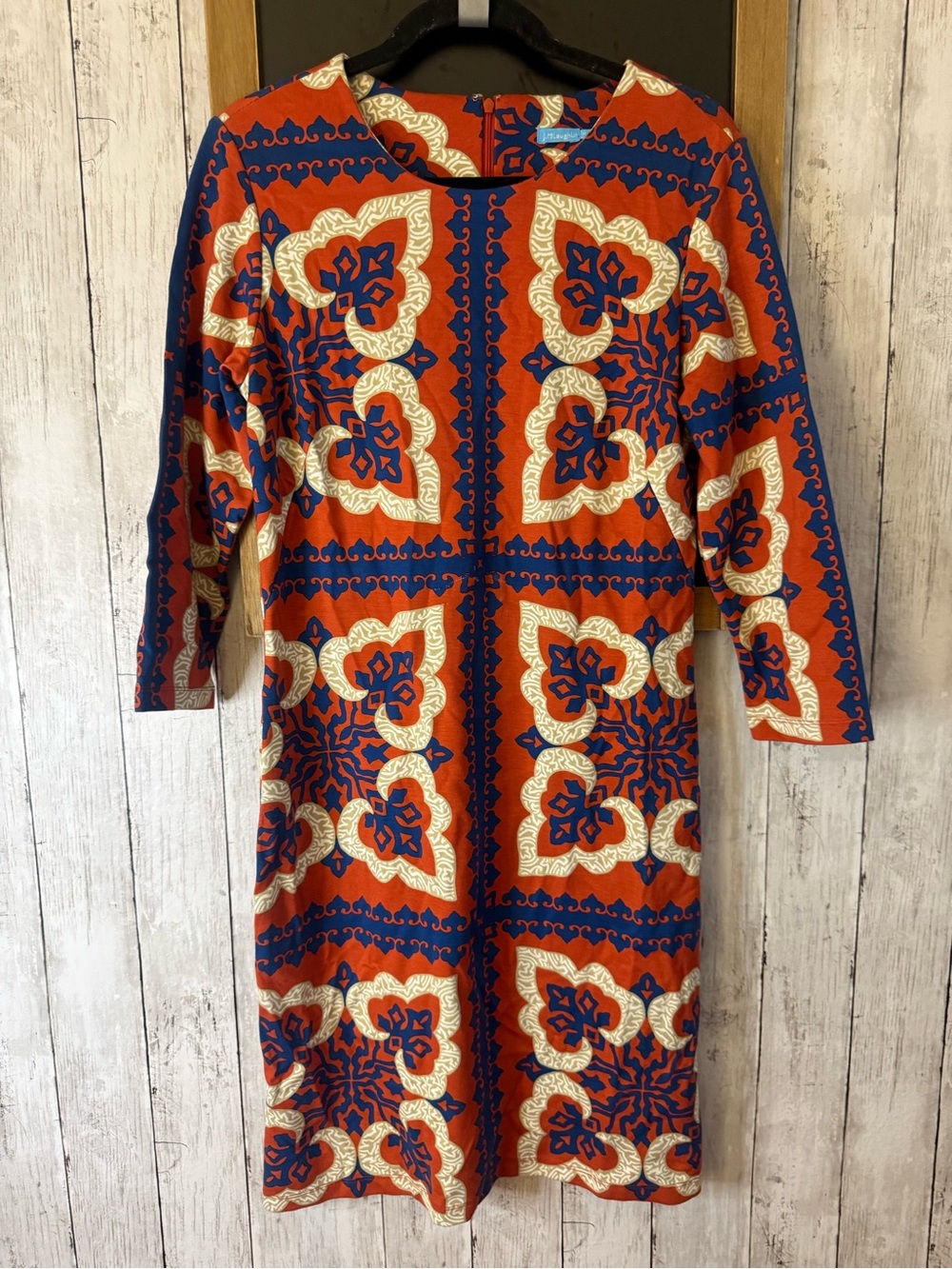J. MCLAUGHLIN floral abstract print 3/4 sleeve midi dress scoop neck m tribal